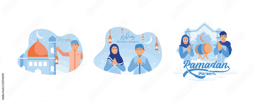Boy holding a lantern. Smiling boy and girl putting hands on chest. Drum and crescent moon in the background. Ramadan Kareem and Ramadan Mubarak greeting designs concept. Set flat vector illustration. Boy holding a lantern. Smiling boy and girl putting hands on chest. Drum and crescent moon in the background. Ramadan Kareem and Ramadan Mubarak greeting designs concept. Set flat vector illustration.