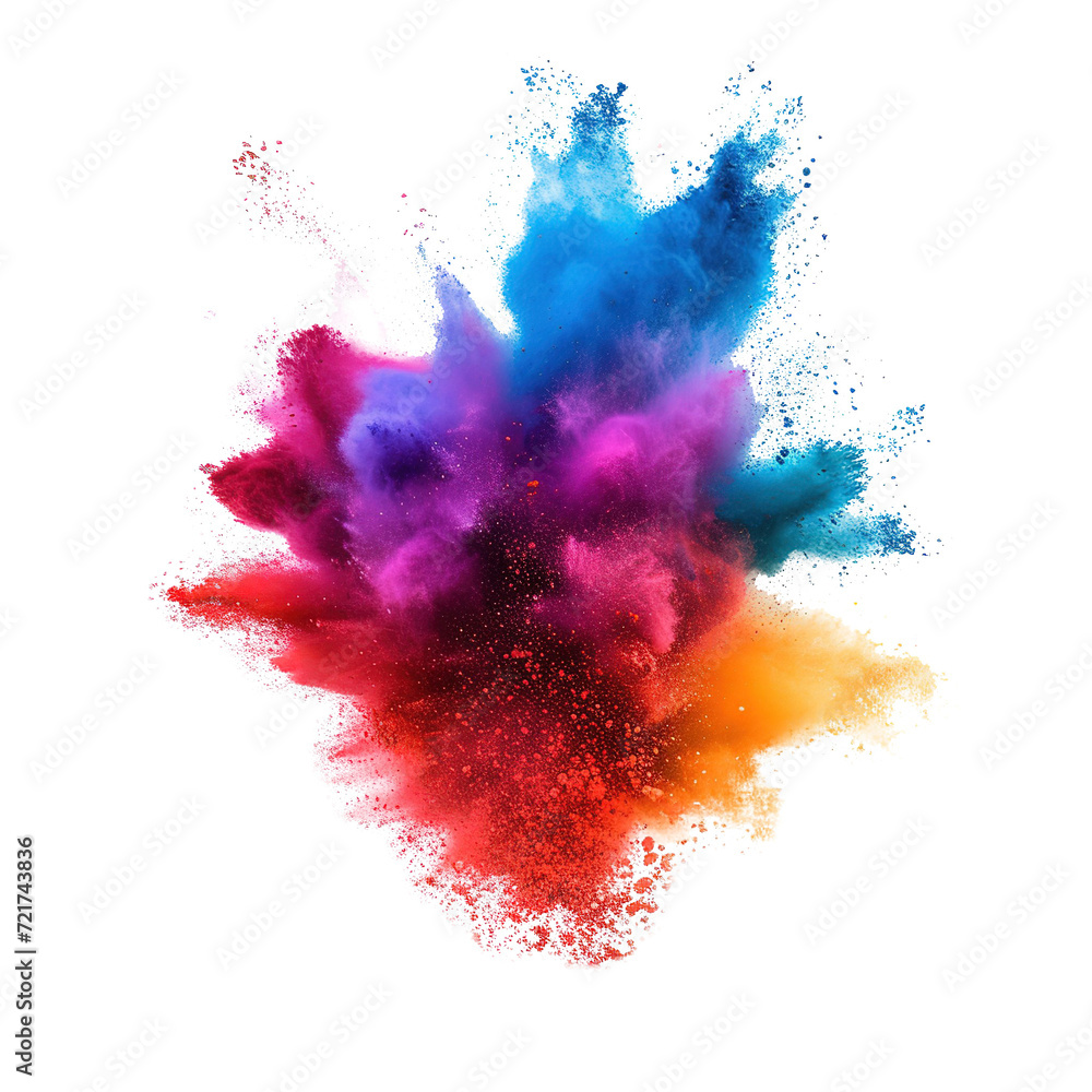 Holi  rainbow colors powder explosion on a white background. Abstract closeup dust ,Colorful powders for Holi festival isolated on white background.
