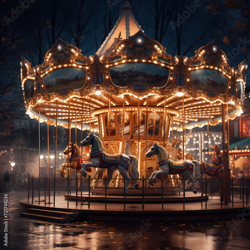 Whimsical carousel with bright lights. 