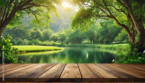 Empty wood plank table top with blur park green nature background bokeh light, Mock up for display or montage of product, Banner or header for advertising on social media, Spring and Summer concept 