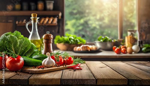 Empty wooden table with fresh vegetables and spices and cook on the background blurred kitchen, 