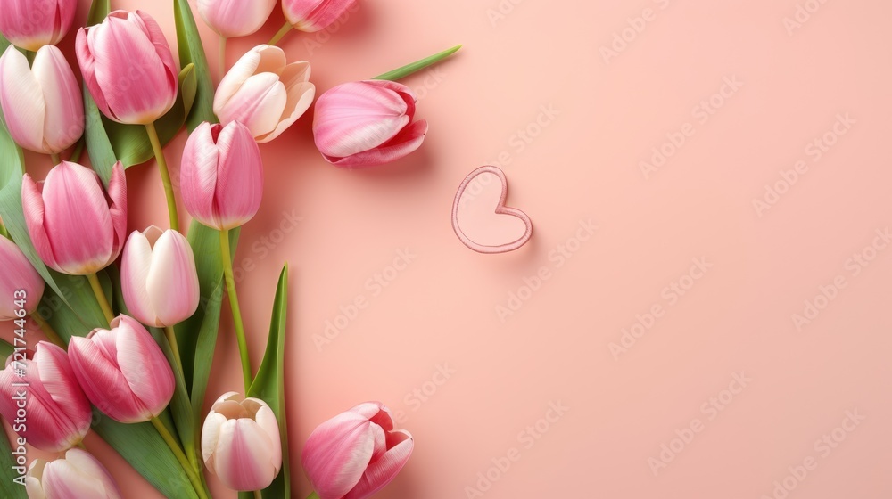 Pink tulips with fresh green leaves on a pink background. Beautiful background for a holiday, valentine's day, women's day. An empty space for the text. Pink tulips with fresh green leaves on a pink background. Beautiful background for a holiday, valentine's day, women's day. An empty space for the text.