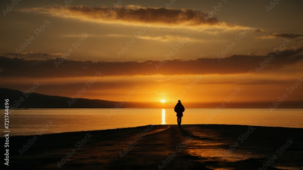  Sunset and silhouette of person, sun, chill, 