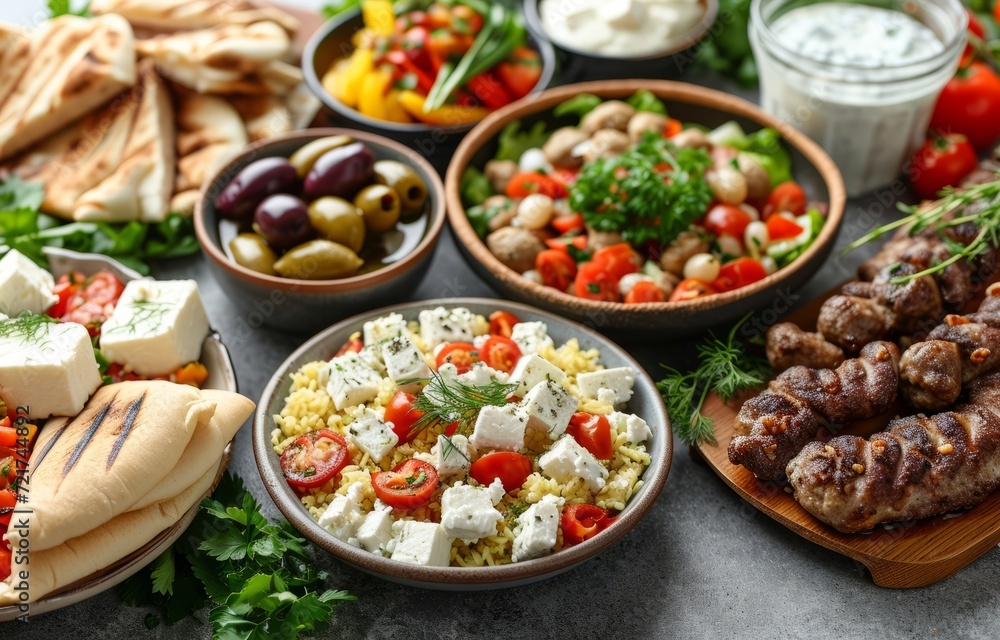 Greek food background. Meze, gyros, souvlaki, fish, pita, greek salad, tzatziki, assortment of feta, olives and meatballs. Traditional different greek dishes set. on a grey background. Top view. Greek food background. Meze, gyros, souvlaki, fish, pita, greek salad, tzatziki, assortment of feta, olives and meatballs. Traditional different greek dishes set. on a grey background. Top view.