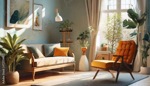 Scandinavian, mid-century style home interior design of a modern living room with a dark blue sofa and orange chair against a white wall with an art poster frame