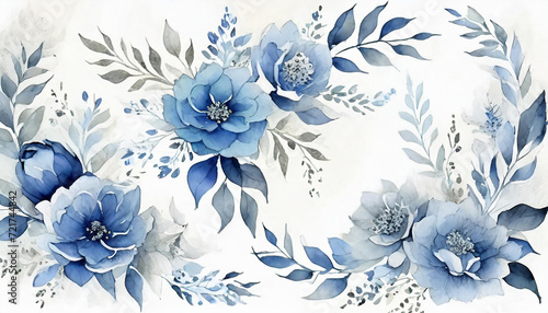 beautiful watercolor floral background round frame with blue flower design on white background © Kwangvann Ztudio