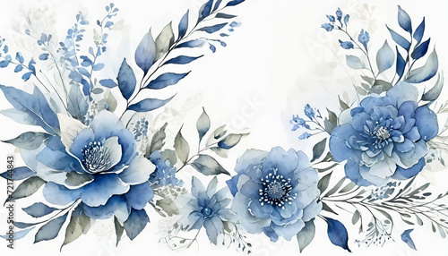 beautiful watercolor floral background round frame with blue flower design on white background