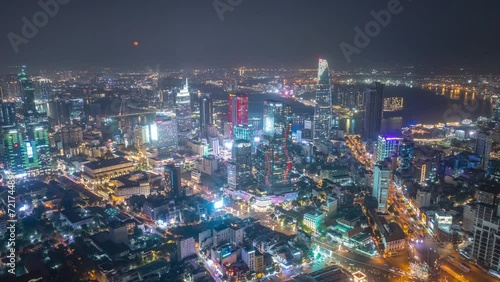 Aerial Hyper Lapse in District 1, CBD of Ho Chi Minh City, Vietnam at night 2024 photo