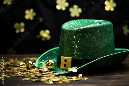 Happy St Patrick's Day leprechaun hat with gold chocolate coins on vintage style green wood background. Happy St Patrick's Day. St Patrick's Day background. 