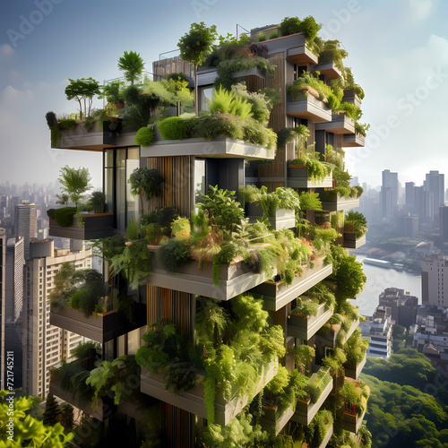 Urban garden with vertical planters on a skyscraper