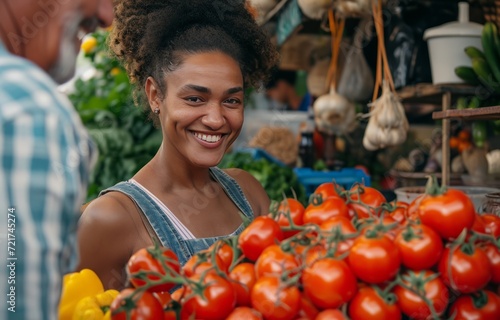 Young Beautiful Customer Shopping for Fresh Natural Vegetables for a Mediterranean Dinner. Black Female Buying Bio Tomatoes and Ecological Local Garlic From a Happy Senior Street Vendor 
