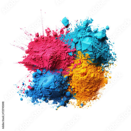 Pile of different Holi powder colors isolated on white background.