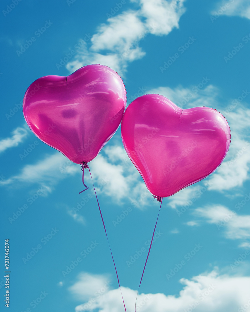 Two pink heart balloons are floating in the blue sky, illustration background