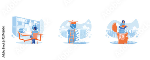 Students sit behind desks and study online using computers. A concept of the educational process. Men read books. students in learning process concept. Set flat vector illustration.
