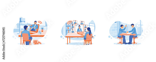 A businessman is talking with a business partner using a video call on the laptop. Holding a Webcam group conference. HR managers greet applicants before job interview process. Agency worker meeting a