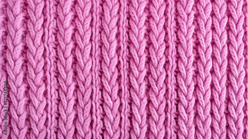 The texture of the knitted fabric. The yarn is pink in color. Close-up of the rows and patterns of the knitted product.