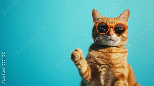 Closeup portrait of funny ginger cat wearing sunglasses isolated on light cyan. Copyspace. Cat in shades, cool cat, humorous animal photo, light cyan background. copyspace available.