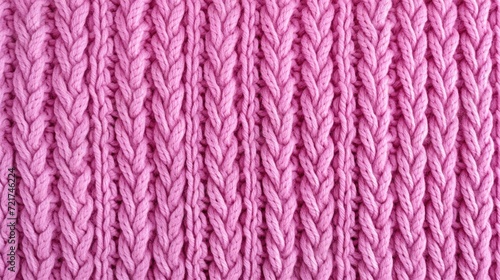 The texture of the knitted fabric. The yarn is pink in color. Close-up of the rows and patterns of the knitted product.