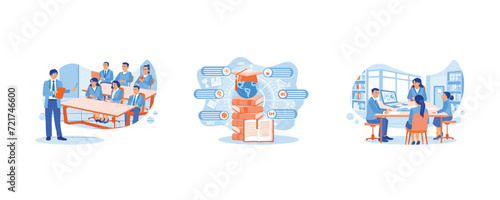 The male leader provides initial process guidance at a training session for employees. Student learning process. Discussing learning to write a document on a laptop. Students in the learning process c