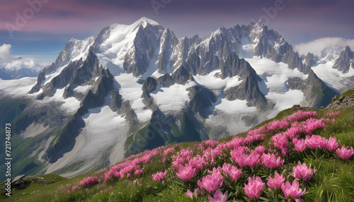 Meadow with pink flowers in mountains