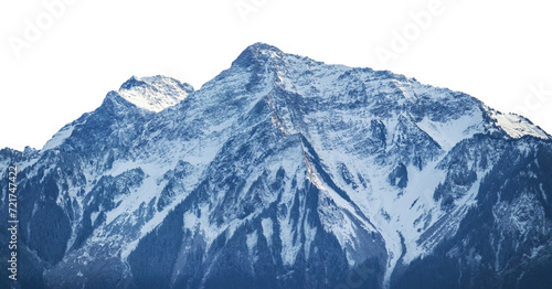 Mountain winter landscape. Mountain covered by ice and snow isolated on transparent background. Winter mountain scenery at close distance. Mountain range at high elevation. PNG transparent image.  © bcdesign