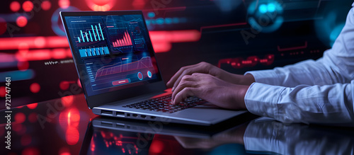 Close up of man hands working in professional trading screens with financial data at a trading office in futuristic style computer or PC