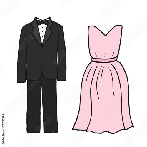 タキシードとドレスの手描きイラスト（カラー）