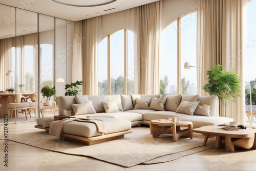 modern living room with high window and curtain, beige sofa minimalist and elegant wood furniture