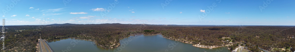 Aerial view of Crusoe Reservoir in Bendigo, Victoria, Australia is a popular destination for cycling, swimming, walking, jogging and fishing, the image in panorama.