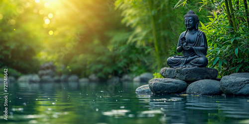 Zen Buddha Statue made of stone sitting in Serene Water Garden - A Meditation Retreat