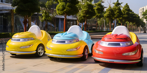 Row of cool urban modern compact cars various colors Colored electric bumper cars or dodgem cars parked. photo