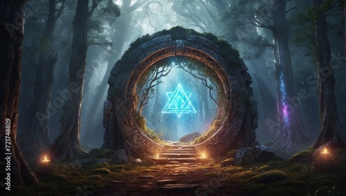 A mystical portal opening in an ancient forest, surrounded by glowing runes Generative AI