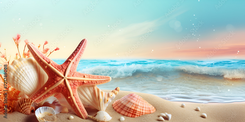 Summer background of free space for your decoration and shells on sand with green palms leaves. Sunny hot day on beach.