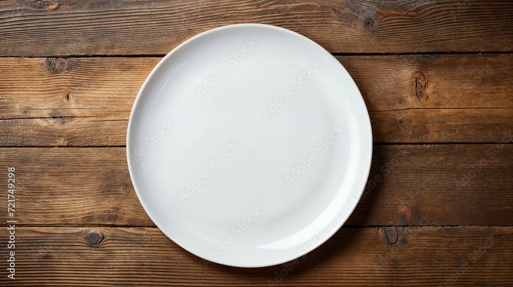 A white ceramic plate on a backdrop of a wooden table setting, mock up, mockup, room for text, copy space A white ceramic plate on a backdrop of a wooden table setting, mock up, mockup, room for text, copy space