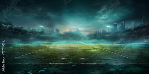 Glowing Mist Engulfs the Textured Center Field of a Neon Soccer Game. Nighttime soccer or football field with empty space for text. 
