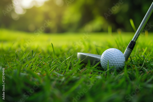 Golf balls on the golf course with golf clubs ready for golf in the first short. In the morning, with the beautiful sunlight. Copy space.