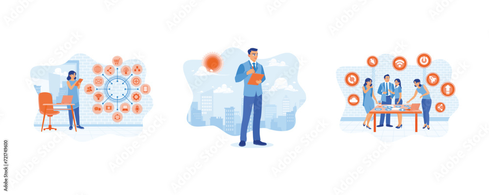 Businessman and woman working using laptop and tablet. Business team working in a modern office. Digital business concept. Set flat vector illustration.