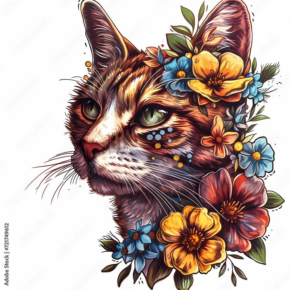 cat with flowers on its face