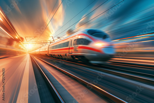 High-speed train passing station with motion blur, majestic clouds and sun on background © evgenia_lo
