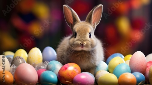 A cute Easter bunny among the colored Easter eggs. One funny  fluffy rabbit and many colorful eggs. Easter holiday.