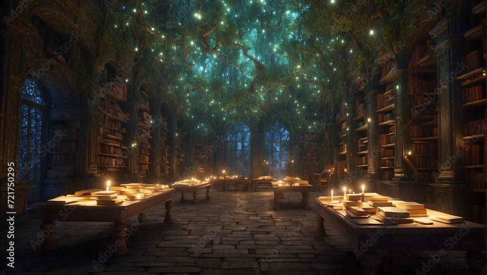 An ancient library where books float and glow with magic, hidden deep within an enchanted forest Generative AI