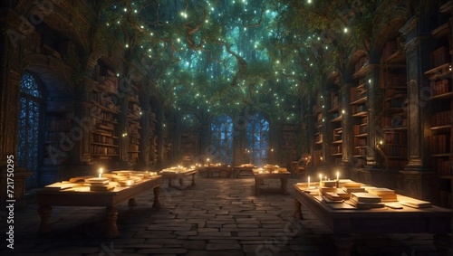 An ancient library where books float and glow with magic, hidden deep within an enchanted forest Generative AI © Haroon