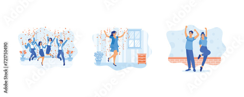 A group of businessmen celebrating a party. Jump under the confetti that falls flying. Celebrating victory at home. Celebration concept. Set flat vector illustration.