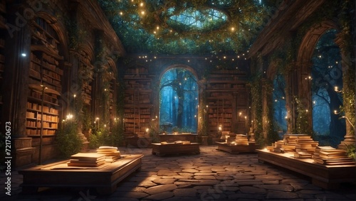 An ancient library where books float and glow with magic  hidden deep within an enchanted forest Generative AI