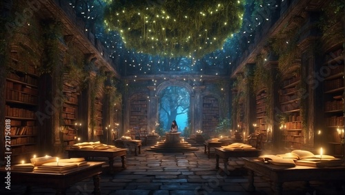 An ancient library where books float and glow with magic, hidden deep within an enchanted forest Generative AI