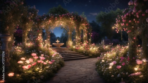 An enchanted garden at night, with flowers that glow and whisper secrets to the visitors Generative AI