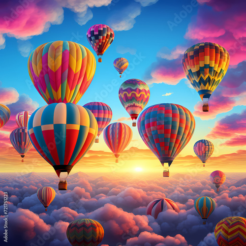 A pattern of colorful hot air balloons against a sunset