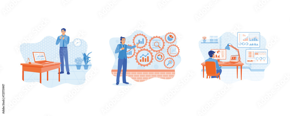 A male accountant working in a modern office. The male manager is touching gears connected to KPI. Male businessman analyzing data on a computer screen. Business analysis concept. Set flat vector illu A male accountant working in a modern office. The male manager is touching gears connected to KPI. Male businessman analyzing data on a computer screen. Business analysis concept. Set flat vector illu