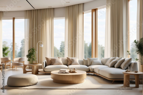 modern living room with high window and curtain, beige sofa minimalist and elegant wood furniture