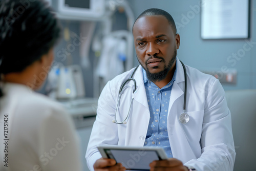 Look at screen, please. Positive capable african american doctor with a patient talking test results and progress on a tablet in a hospital clinic. © evgenia_lo